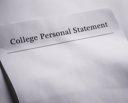 A crisp, white sheet of paper centered in the frame. At the top of the page, the words 'College Personal Statement'