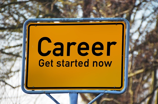 A yellow road sign with the word "Career" in bold black letters and the phrase "Get started now" underneath.